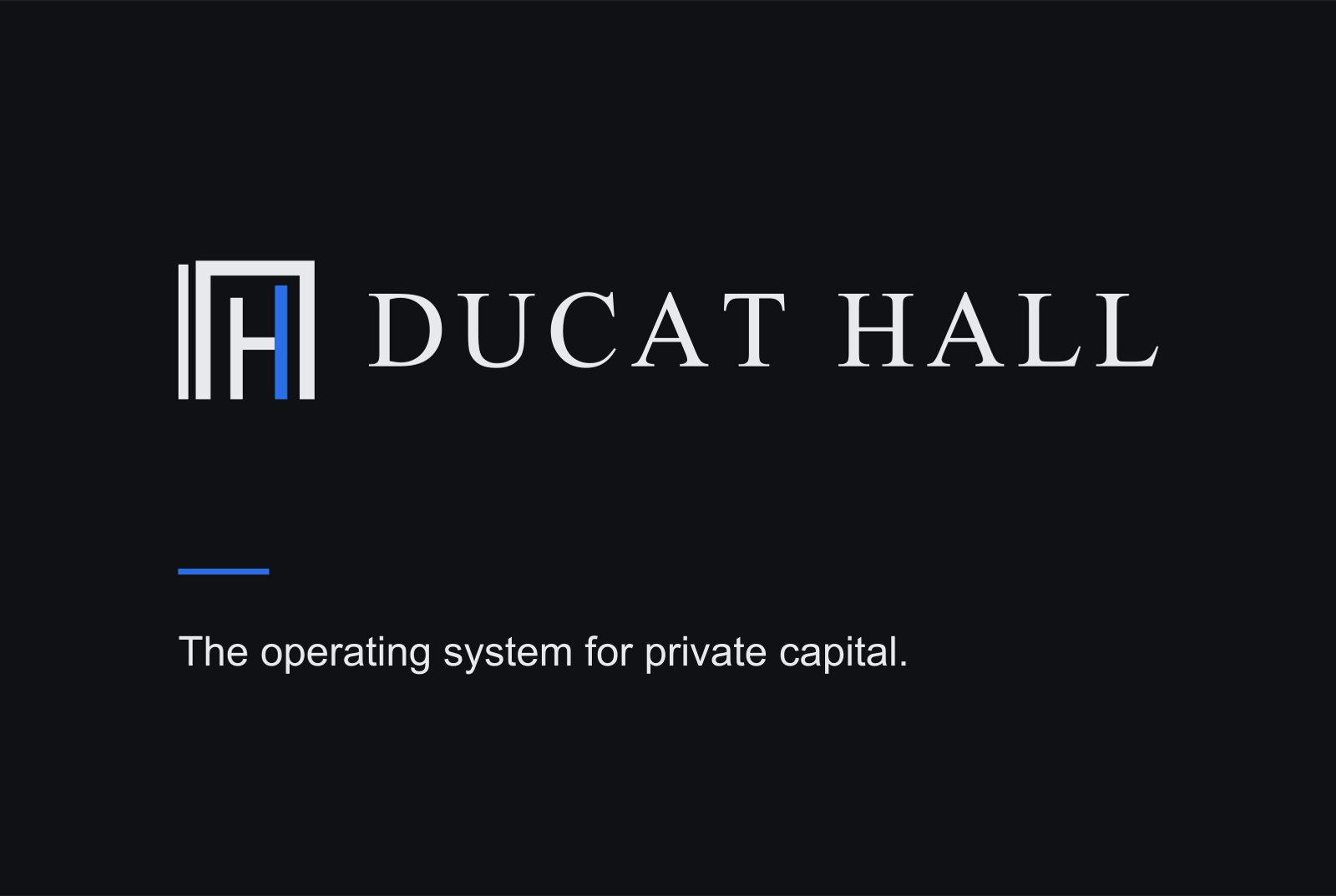 Official Ducat Hall business card in charcoal, mineral and cobalt