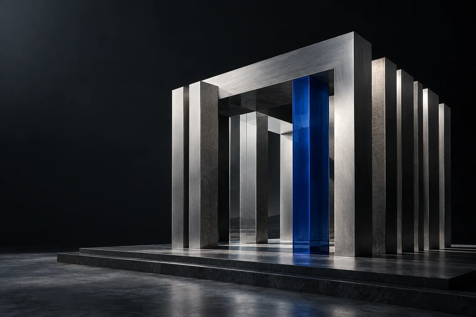 Silver architectural columns united around a cobalt glass plane