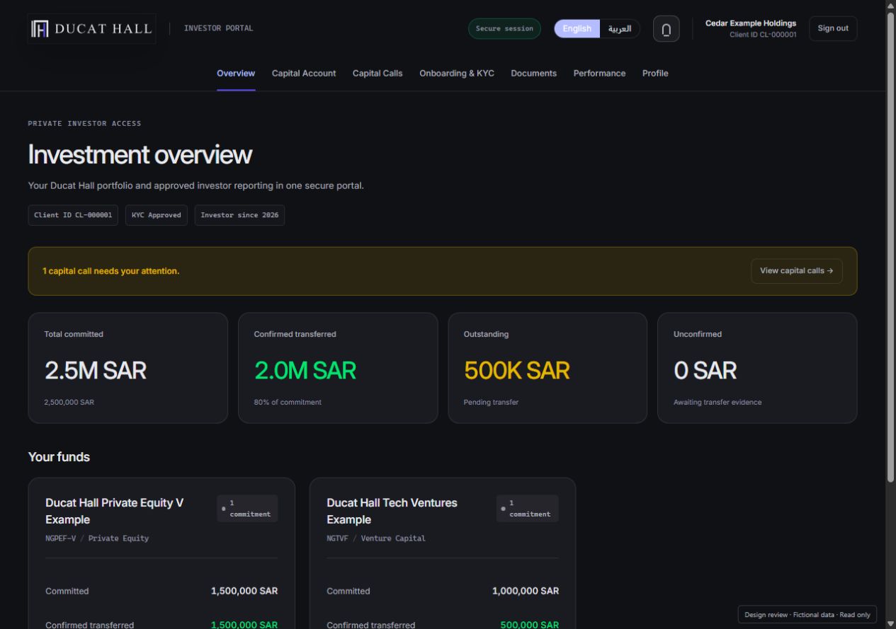 Actual Ducat Hall investor portal with fictional portfolio information