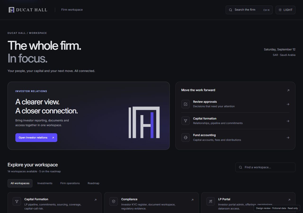 Actual Ducat Hall staff workspace in dark mode with fictional demonstration data.